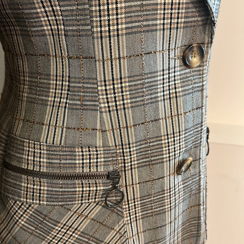 H&M | Vintage Neutral Brown Tan Plaid Blazer Large Lapel Button Down Coat - Picture 3 of 11